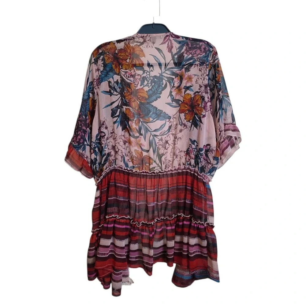 Signature Studio Plus Size 1X Floral Stripe Kimono Crochet Trim Cardigan - Picture 4 of 13